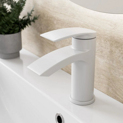Aurora Cloakroom Basin Mixer Tap - Modern Square Single Lever - Matt White