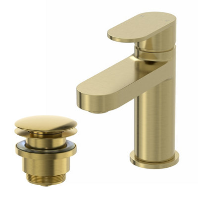 Aurora Cloakroom Basin Mixer Tap & Waste Set - Round Single Lever - Brushed Brass