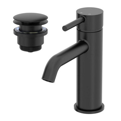 Aurora Cloakroom Basin Mixer Tap & Waste Set - Round Single Lever - Matt Black