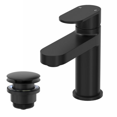 Aurora Cloakroom Basin Mixer Tap & Waste Set - Round Single Lever - Matt Black