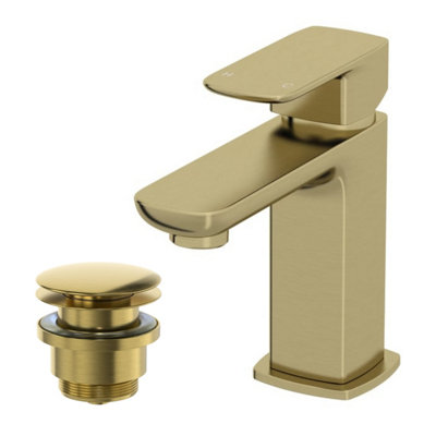 Aurora Cloakroom Basin Mixer Tap & Waste Set - Square Single Lever - Brushed Brass
