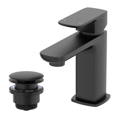 Aurora Cloakroom Basin Mixer Tap & Waste Set - Square Single Lever - Matt Black