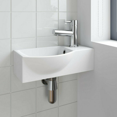 Aurora Cloakroom Wall Hung Basin Corner Hand Wash Sink 1 Tap Hole White Bathroom Modern