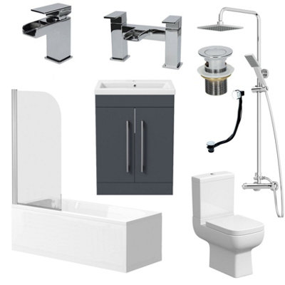 Aurora Complete Bathroom Suite 1700 Bath Screen WC Toilet Vanity Basin Taps Shower Grey