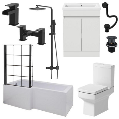 Aurora Complete Bathroom Suite Black 1700 L Shape LH Bath Screen Vanity WC Shower Taps