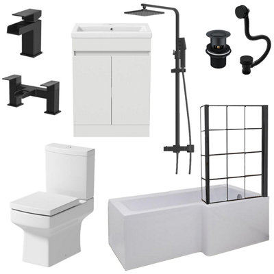 Aurora Complete Bathroom Suite Black 1700 L Shape RH Bath Screen Vanity WC Shower Taps