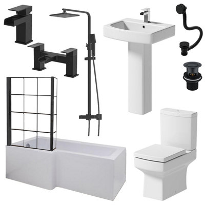 Aurora Complete Bathroom Suite Black 1700mm L Shape LH Bath Screen Basin WC Shower Taps
