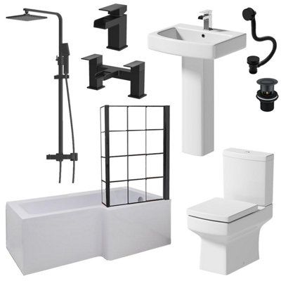 Aurora Complete Bathroom Suite Black 1700mm L Shape RH Bath Screen Basin WC Shower Taps