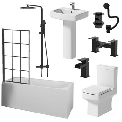 Aurora Complete Bathroom Suite Black Bath Shower Screen Basin Pedestal Toilet Taps 1700