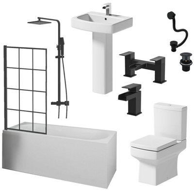 Aurora Complete Bathroom Suite Black Bath Shower Screen Basin Toilet Taps Waste 1700mm