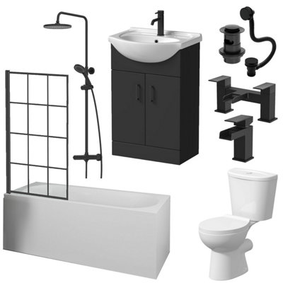 Aurora Complete Bathroom Suite Black Bath Shower Screen Vanity Basin Taps Toilet 1700