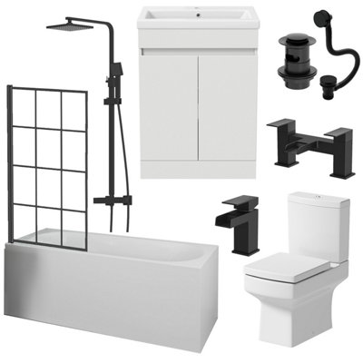 Aurora Complete Bathroom Suite Black Bath Shower Screen Vanity Basin Toilet Taps 1700mm