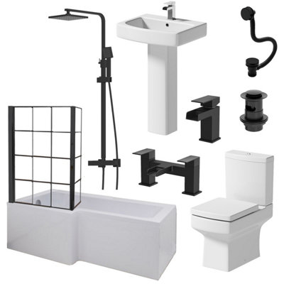 Aurora Complete Bathroom Suite Black LH Shower Bath Screen Basin Pedestal Toilet 1700mm