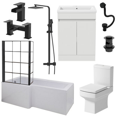 Aurora Complete Bathroom Suite Black LH Shower Bath Screen Basin Vanity Toilet 1700