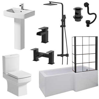 Aurora Complete Bathroom Suite Black RH Shower Bath Screen Basin Pedestal Toilet 1700mm
