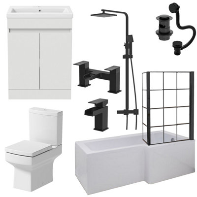 Aurora Complete Bathroom Suite Black RH Shower Bath Screen Basin Vanity Toilet 1700mm