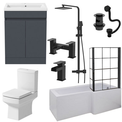 Aurora Complete Bathroom Suite Black RH Shower Bath Screen Vanity Basin Toilet 1700mm
