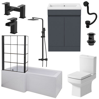 Aurora Complete Bathroom Suite Black Shower Bath Screen Vanity Basin Taps Toilet 1700