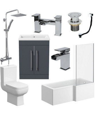 Aurora Complete Bathroom Suite L Shape RH 1600 Bath Toilet Vanity Unit Taps Shower Grey