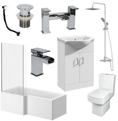 Aurora Complete Bathroom Suite L Shaped LH Bath Basin Vanity Unit Toilet Shower Taps