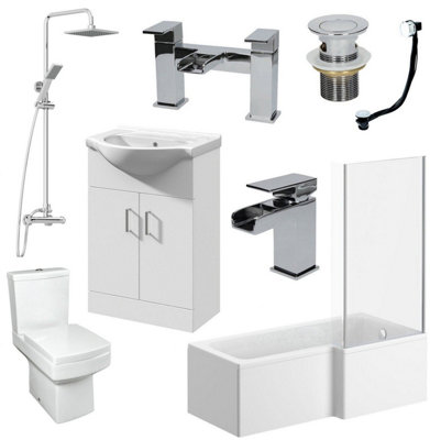 Aurora Complete Bathroom Suite L Shaped RH Bath Basin Vanity Unit Toilet Shower Taps