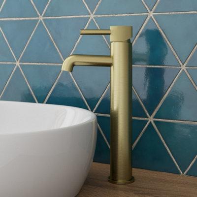 Aurora Countertop Tall Basin Sink Mixer Tap Bathroom Single Lever Fluted Brushed Brass