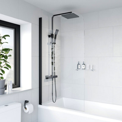 Aurora Curved Bath Shower Screen Door Hinged 800mm Frameless Black Clear Safety Glass