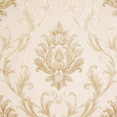 Aurora Damask Wallpaper In Shimmering Ivory With Gold And Silver