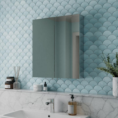 Aurora Double Door Bathroom Mirror Cabinet Cupboard Stainless Steel Wall Mounted 600mm