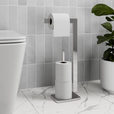 Aurora Freestanding Toilet Roll Holder Bathroom Modern WC Square Floor Chrome Storage