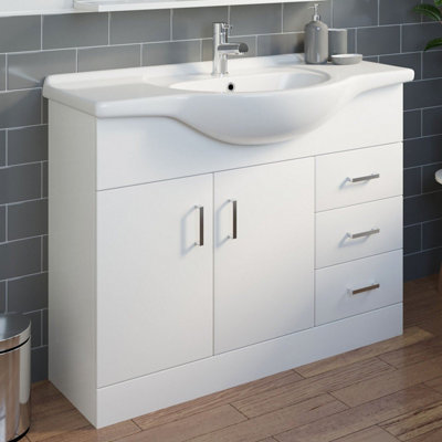 Aurora Gloss White 1050mm Bathroom Vanity Unit & Basin Sink Floorstanding Tap + Waste