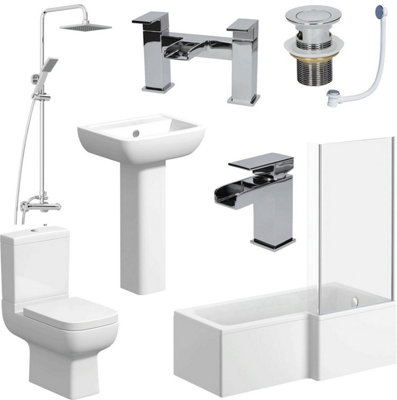 Aurora L Shaped Bathroom Suite RH Bath Screen Shower Basin Toilet Basin Bath Tap Set