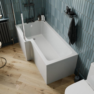 Aurora L Shaped Shower Bath Left Hand Bathtub 1700 Screen with Rail Front Panel Acrylic