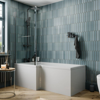 Aurora L Shaped Shower Bath Left Hand Bathtub 1700 Screen with Rail Front Panel Acrylic