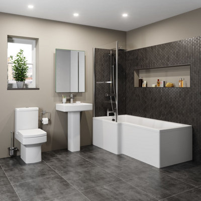 Aurora L Shaped Shower Bath Left Hand Bathtub 1700 Screen with Rail Front Panel Acrylic