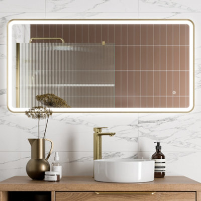 Aurora Large Rectangular LED Mirror Touch Bathroom Demister Brushed Brass 1200x600mm