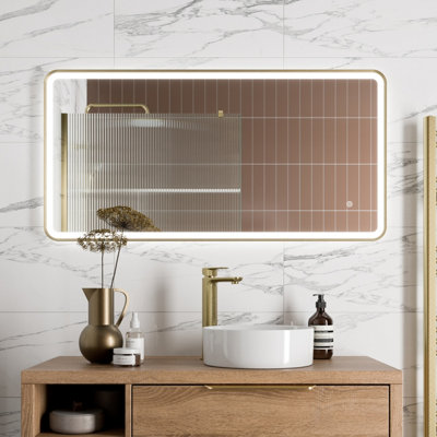Aurora Large Rectangular LED Mirror Touch Bathroom Demister Brushed Brass 1200x600mm