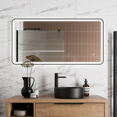 Aurora Large Rectangular LED Mirror Touch Bathroom Demister Mains Matt Black 1200x600mm