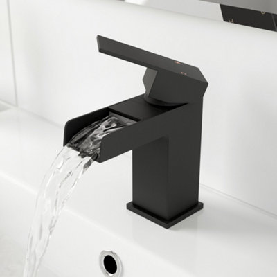 Aurora Matt Black Bathroom Basin Sink Mixer Tap Square Waterfall Single Lever Modern