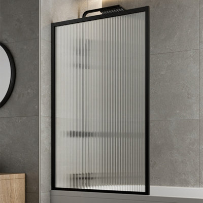 Aurora Matt Black Over Bath Shower Screen Fluted Glass Square Frame Reversible 800mm