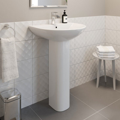 Aurora Modern Bathroom Basin Sink and Full Pedestal Ceramic Single Tap Hole White 550mm