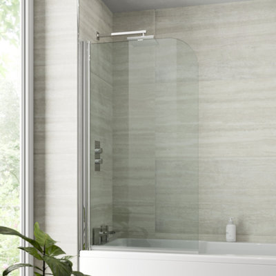 Aurora Modern Bathroom Bath Shower Screen Curved Chrome 800mm Reversible 6mm Glass