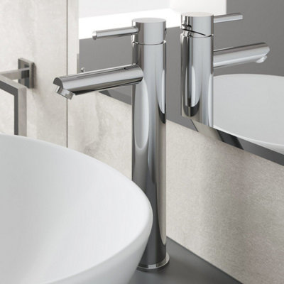 Aurora Modern Bathroom High Rise Countertop Basin Mixer Tap Tall Chrome Solid Brass