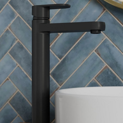Aurora Modern Bathroom High Rise Countertop Basin Mixer Tap Tall Single Lever Black