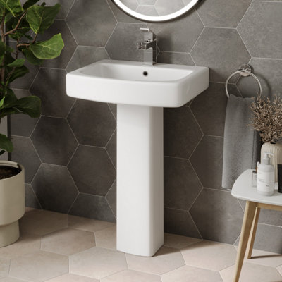 Aurora Modern Bathroom Square Basin Sink Full Pedestal Single Tap Hole White Ceramic