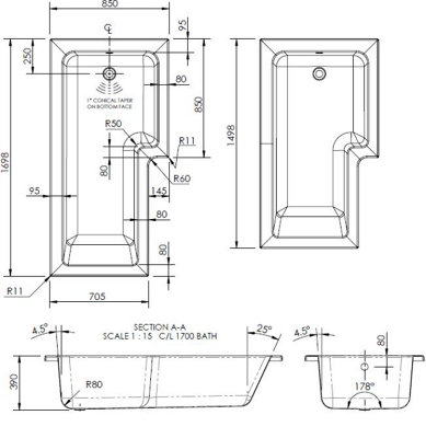 Aurora Modern L Shaped Shower Bath Only Left Hand Bathtub 1700mm Acrylic Bathroom Tub