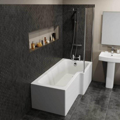 Aurora Modern L Shaped Shower Bath Right Hand Front/End Panel Glass Screen 1700 Acrylic