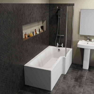 Aurora Modern L Shaped Shower Bath Right Hand Front Panel Bathroom Tub 1700mm Acrylic