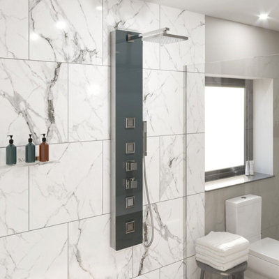 Aurora Modern Thermostatic Shower Panel Column Tower Body Jets Twin Head Bathroom Glass