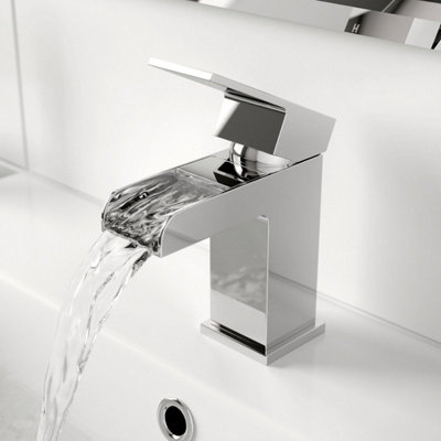 Aurora Modern Waterfall Bathroom Mono Basin Sink Mixer Tap Square Brass Single Lever